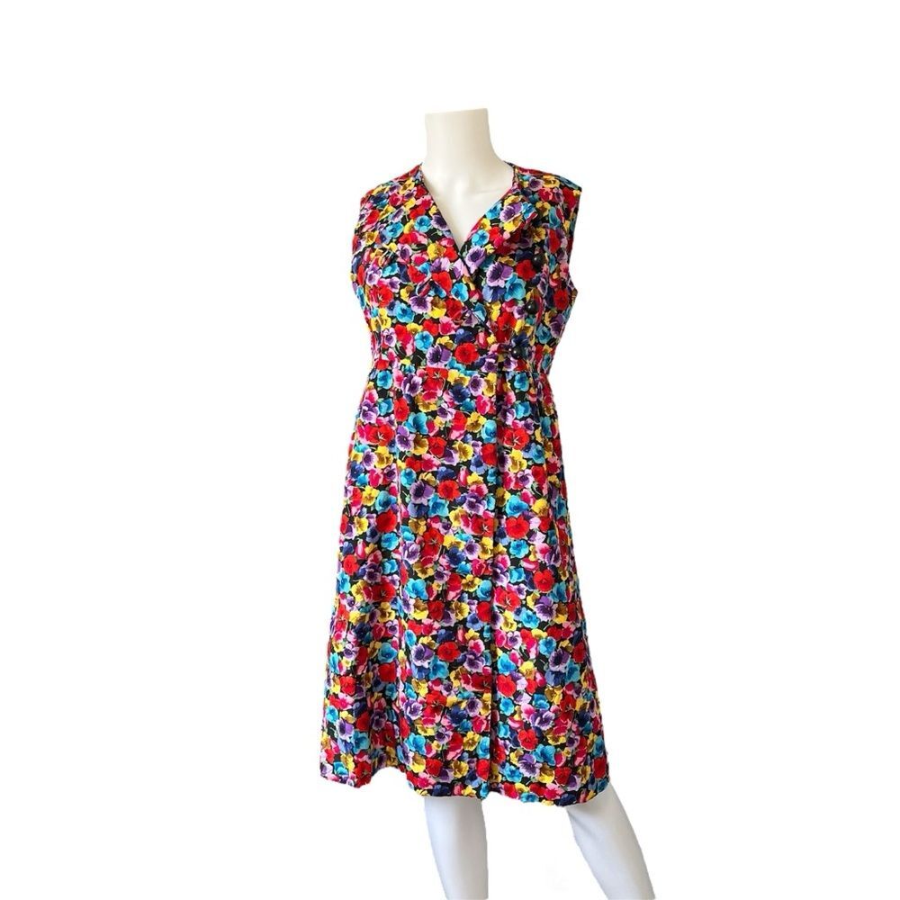 Vintage Floral Print Dress Large Button Heavy Sleeveless